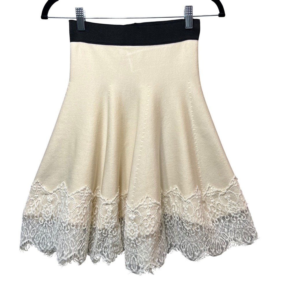 By Bomi Lace Trim‎ Skirt A-Line Knit Mini Black Waist Ivory Cream Small XS